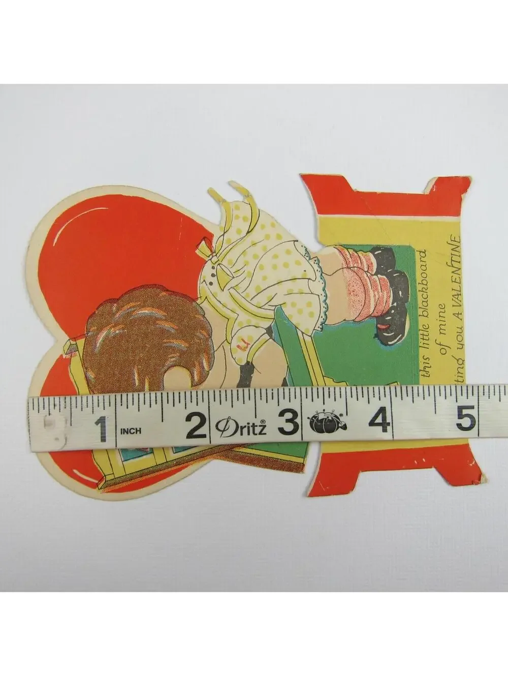Vintage Valentine Die cut Girl Yellow Dress Writing on Blackboard Chalkboard